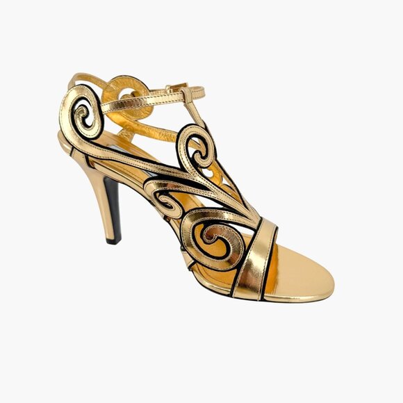 Prada Baroque Gold Caged Sandals Size 37.5 US 7.5 Cutout Metallic Leather Heels - Picture 12 of 15